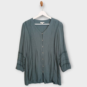 J Jill Shirt Womens Small Blue Spruce Embroidered Pintuck Button Boho Blouse